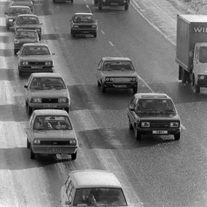 Heavy traffic on the M6 around Birmingham. 29th January 1979