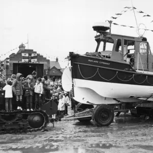 The Hoylake lifeboat Mary Gabriel displayed on the beach for visitors at the Hoylake