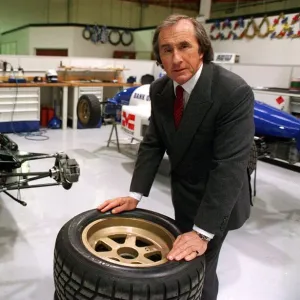 Jackie Stewart in the Paul Stewart Racing workshop at Milton Keynes