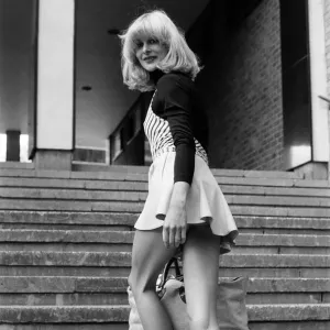 Jilly Johnson, model, wearing short skirt, London. 23rd April 1976