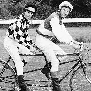 Jockeys Steve Cauthen and Lester Piggott sharing a tandem, June 1979