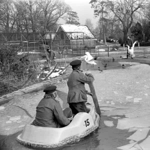 Keepers at Chessington Zoo chip the ice on the storks and ducks pond