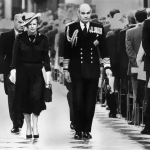 Margaret Thatcher with Admiral Sir Terence Lewin leaving Falklands Islands Service at St