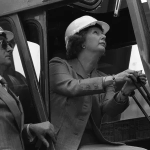 Margaret Thatcher Prime Minister controls a crane in a building site 1986