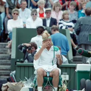 Martina Navratilova seated during a break at the Wimbledon final against Steffi Graf