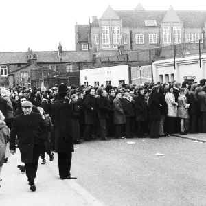 Millwall v Fulham 20th January 1974. The fans are queuing outside The Den for the first