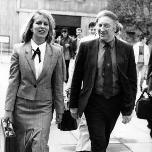 Miners leader Arthur Scargill in jovial mood outside Manchester High Court after he