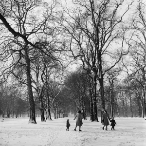 Una escena invernal nevada en Hyde Park, Londres. Circa 1953.