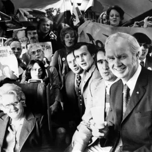 MP Gwynfor Evans pictured with his supporters on the train bound for London