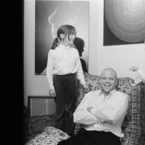 Oliver Reed not wearing his wig at his home in Wimbledon, South West, London