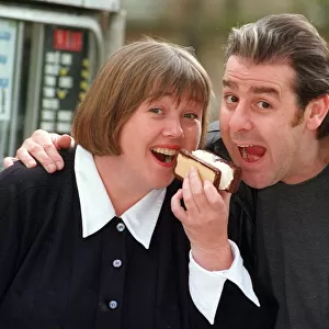 PAULINE QUIRKE AND ACTOR ANDY GRAY AT A BBC PHOTOCALL WITH A DOUBLE NOUGAT ICE CREAM