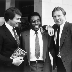 Pele teams up with old rivals Geoff Hurst left and Bobby Moore in London to promote