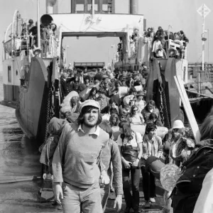 Pop fans leaving the ferry on arrival at The Isle of Wight. 28th August 1970