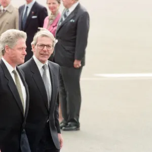 US President Bill Clinton is met at RAF Mildenhall, Suffolk