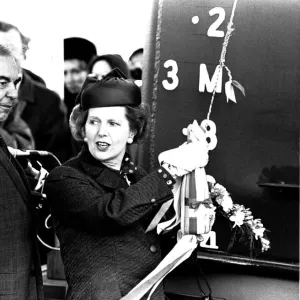 Prime Minister Margaret Thatcher at the launch of the SD14 cargo ship United Effort at