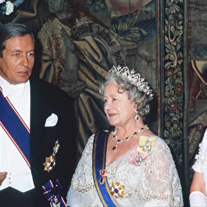 Prince Claus of Netherlands with Queen Elizabeth II and the Queen Mother at Hampton Court