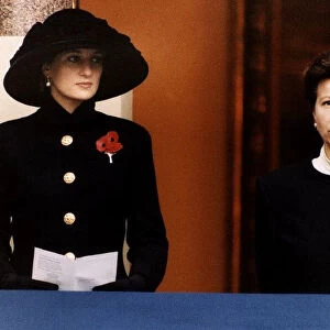 Princess Diana and Princess Anne standing on the balcony during Remembrance Sunday