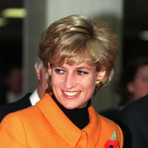 Princess Diana, wearing orange jacket, poppy and black jumper visits Liverpool