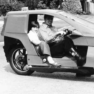 Quasar motorbike with owner Frank Leighton in Herts 1978 with daughter Heather