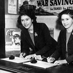 Queen Elizabeth and her sister Princess Margaret buying war savings certificates at a