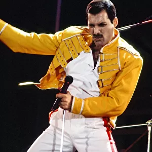 Queen rock group performing at Wembley. Singer Freddie Mercury
