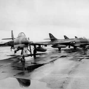 RAF Hawker Hunter aircraft at Newcastle Airport. 4th April, 1980