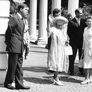 The Royal Family standing outside Clarence House on the 89th Birthday of the Queen Mother