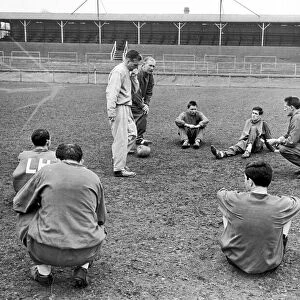 Southampton FC Training Session, 25th April 1963. Ted Bates, Manager, talks to team