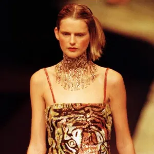 Stella Tennant models dress with tiger motif designed by Valentino at Paris Fashion Week