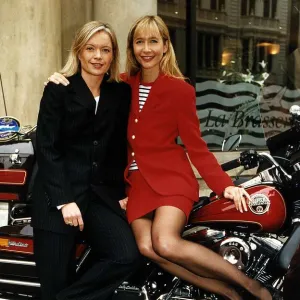 Tania Bryer TV Presenter of ITV with co-presenter Mariella Frostrup sits on Harley