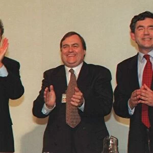 TONY BLAIR MP LABOUR LEADER WITH GORDON BROWN MP AND JOHN PRESCOTT MP AFTER SPEECH AT