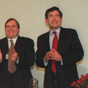 TONY BLAIR MP LABOUR LEADER WITH GORDON BROWN MP AND JOHN PRESCOTT MP AFTER SPEECH AT