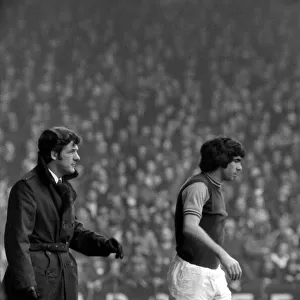 West Ham F. C. v. Burnley. West Ham (2) v. Burnley (1). March 1975 John Lydall