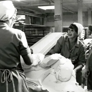 Workers at Wilkinson sweet factory in Pontefract, Yorkshire chatting during their shift