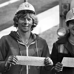 Working miners David Hunt (left) and Steve Owen with their pay-slips at Brookhouse