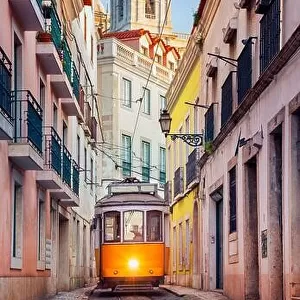 Lisbon, Portugal. Cityscape image of street of Lisbon, Portugal with yellow tram