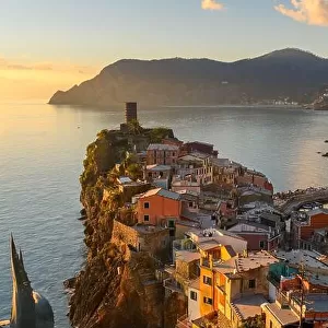 Riomaggiore, Italy, in the Cinque Terre coastal area during blue hour