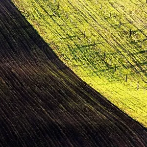 Rural spring landscape with colored striped hills. Green and brown waves of the agricultural fields of South Moravia, Czech Republic