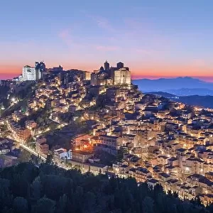 Troina, Sicily, Italy hilltop townscape at dusk