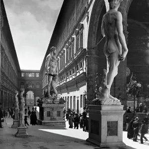 Arengario of Palazzo Vecchio with the copy of Michelangelo's David and the Ercole and Caco di Baccio Bandinelli; in the background the Uffizi square, Florence