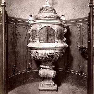 Baptismal font in the Cathedral of Saints John and Paul in Ferentino. The lower part of the font is damaged