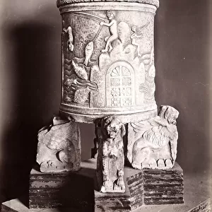 Baptismal font with depiction of a fishing scene, resting on four winged lions, Saint Mary's Church in the Grottaferrata Abbey