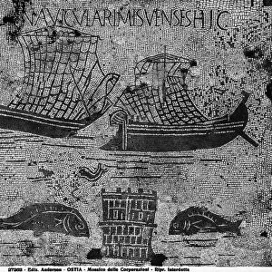 Detail of the floor mosaics, depicting two sailing vessels and a battlemented tower flanked by two fish, at Piazzale delle Corporazioni in Ostia Antica