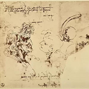 Inscriptions, mechanical devices and study of two heads facing one another; pen drawing on white paper (recto) by Leonardo da Vinci preserved in the Room of the Drawings and the Prints of the Uffizi in Florence