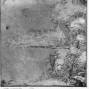 Lake landscape with rich vegetation. Drawing by Titian preserved in the Room of Drawings and Prints in the Museum of the Uffizi