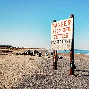 Georgia, Tybee Island, Danger Keep off jetties sign on North beach