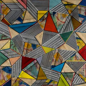 A hard-edge abstract composition featuring sharp lines in bold colors forming triangles that compete with black