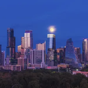 Austin Texas Skyline Print with Full Harvest Moon Rising Austin Texas Skyline Print with Full Harvest Moon Rising