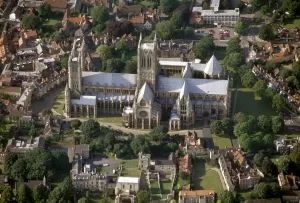 Prints of Lincoln Cathedral. Aerial view from the south. The cathedral was founded in the late 11th century by Bishop Remigius and is an outstanding example of gothic architecture Lincolnshire Prints: Lincoln Cathedral Print - Aerial View