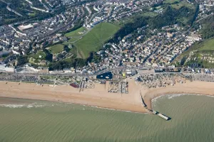 Prints of Hastings, East Sussex. Aerial view of the historic town, which was one of the medieval Cinque Ports. Photographed in September 2015 England from the Air - Landscapes, Cities and Heritage: Hastings Aerial View Print